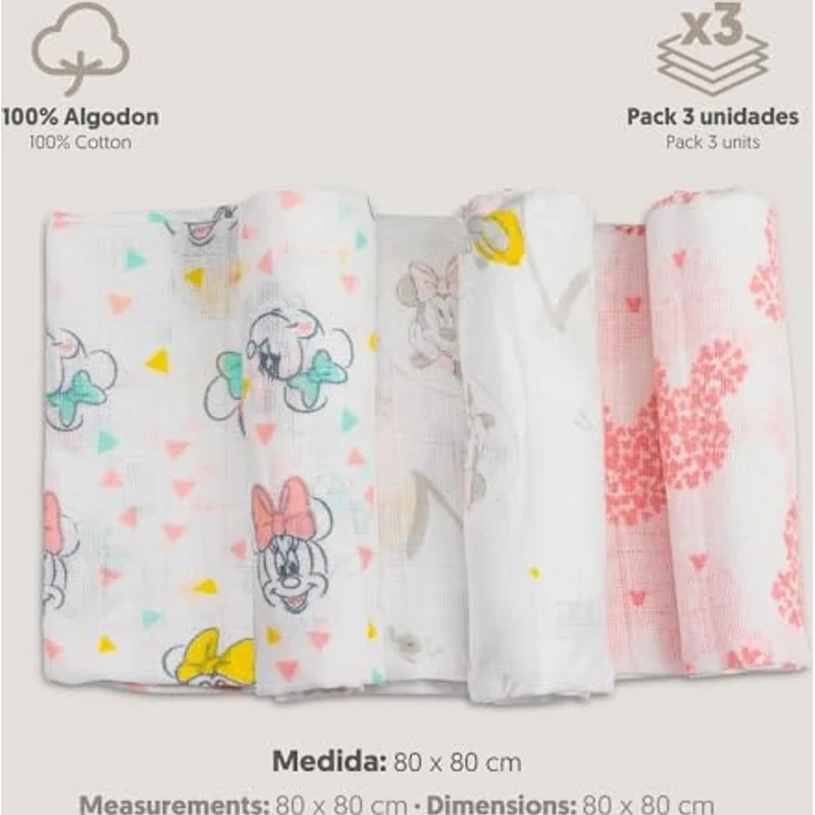 Interbaby MN018 Pack 3 Gaze Baumwolle Disney Minnie Mouse, weiß, 100 g – Bild 3