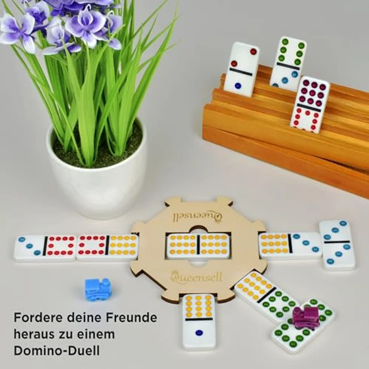 Queensell Mexican Train Domino-Set, Doppel-12 Legespiele mit Holzmittelstück und Aluminium-Tragekoffer für Familienspiele, farbenfrohe Steine für Erwachsene und Kinder ab 8 Jahren – Bild 5