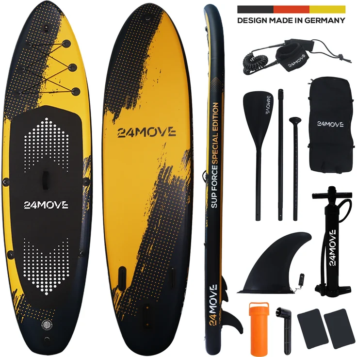 24MOVE® Standup Paddle SUP Board Set SPECIAL FORCE 320, aufblasbares Paddleboard mit Zubehör, Paddel und Doppelhubpumpe, Drop-Stitch-Technologie, Anti-Rutsch EVA-Belag, Action-Cam-Halterung, verstellbares Alu-Paddel, belastbar bis 180 kg, inkl. Rucksack - Blau