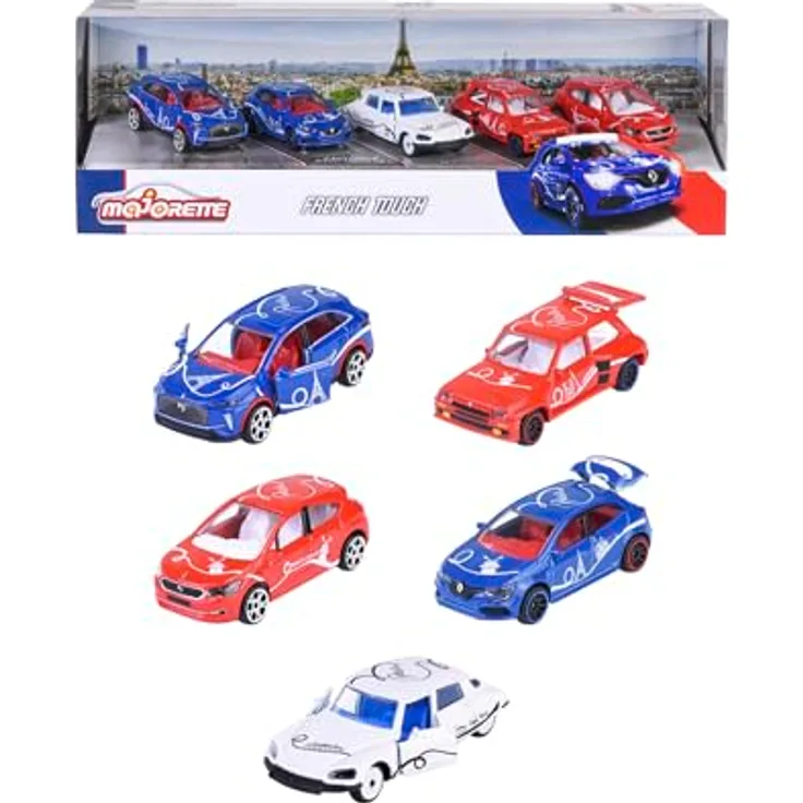 Majorette - Auto-Set French Touch, 5 Premium Spielzeugautos aus Metall im Paris-Design, inkl. 2 exklusive Modellautos, je 7,5 cm, mit Freilauf & Federung, für Kinder ab 3 Jahren
