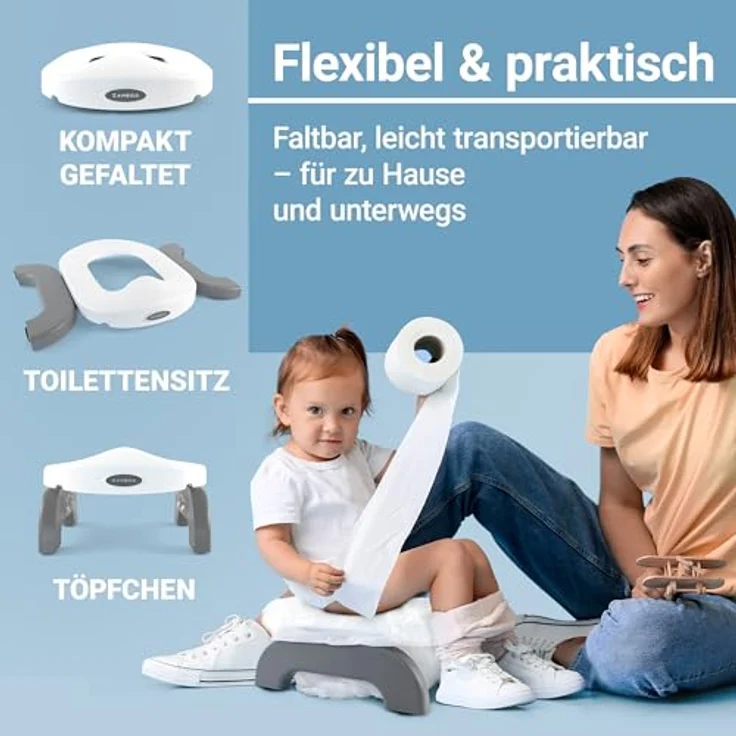 Zamboo Tragbare Baby Toilette 3in1, Reisetöpfchen & faltbarer Toilettensitz für Kinder ab 15 Monaten, mobil und hygienisch mit Einweg-Plastiktüten, Grau – Bild 3