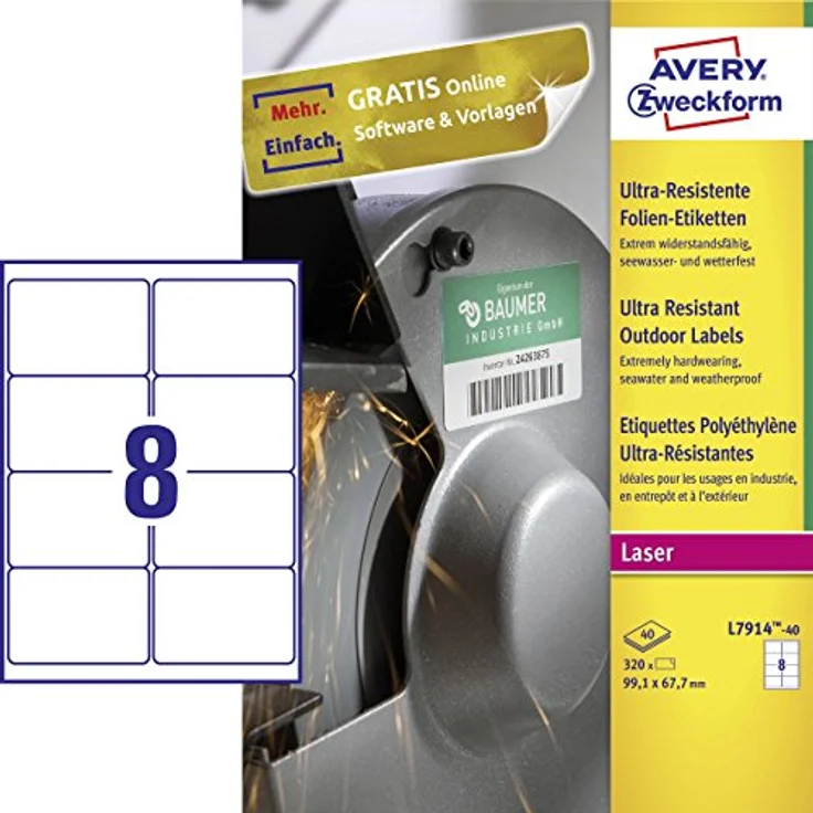AVERY Zweckform L7914-40 Strapazierfähige Folienetiketten (320 Aufkleber, 99,1x67,7mm, extrem stark selbstklebend, für schwierige Oberflächen, bedruckbare Outdoor Klebefolie) 40 Blatt, weiß – Bild 1