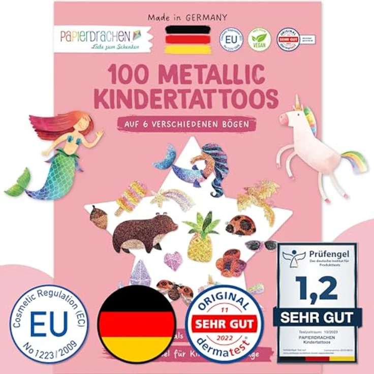 Papierdrachen 100 Metallic-Tattoos für Kinder, hautfreundliche Beach Vibes, 6 Bögen in Silber, hergestellt in Deutschland – Bild 1