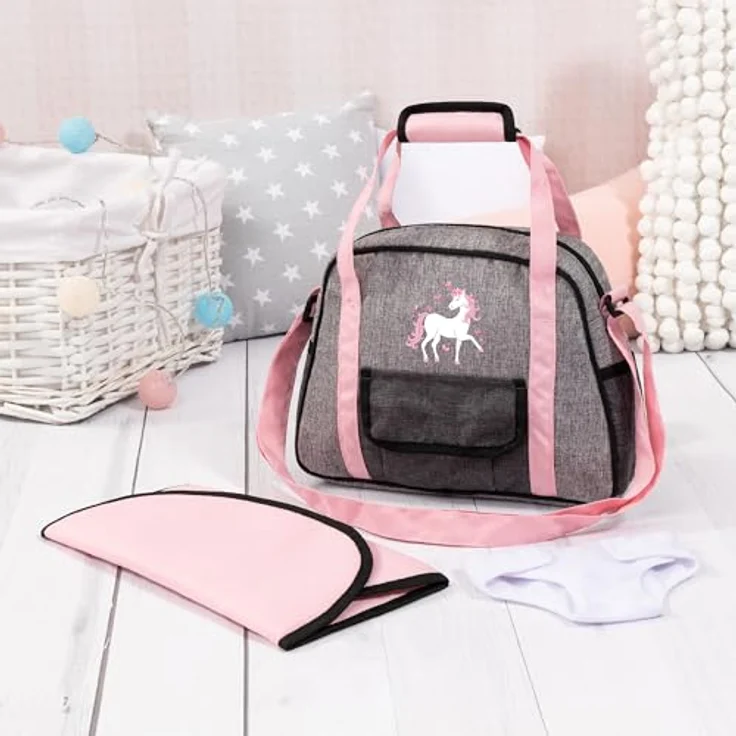 Bayer Design 69033AB Wickeltasche für Puppen, Wickelunterlage, Stoffwindel, Puppenzubehör, Jeans-grau, Rosa – Bild 4