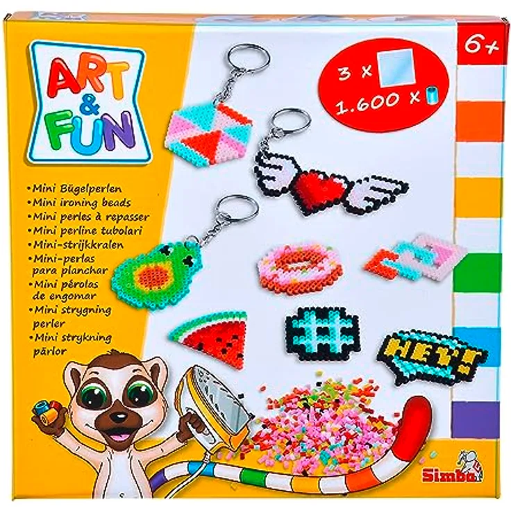 Simba 106374631 Art und Fun Mini Bügelperlen Schlüssel Anhänger, 1.600 Perlen, 3 Steckplatten, Bügelpapier, 6 Schlüsselanhänger, ab 6 Jahren