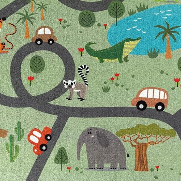 Teppich-Traum Kinderteppich Safari Straße, rutschfest, grüner Spielteppich mit Autos und Tieren, 120 x 160 cm, pflegeleicht und schadstofffrei – Bild 3