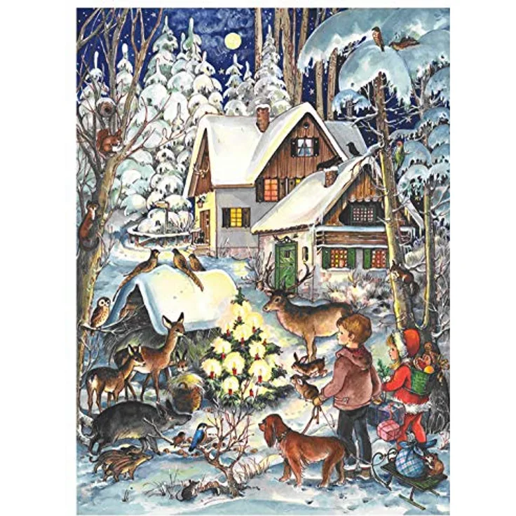 Richard Sellmer Verlag Nostalgischer Adventskalender "Winter bei den Tieren" mit Glitzer, A4 Format, Made in Germany