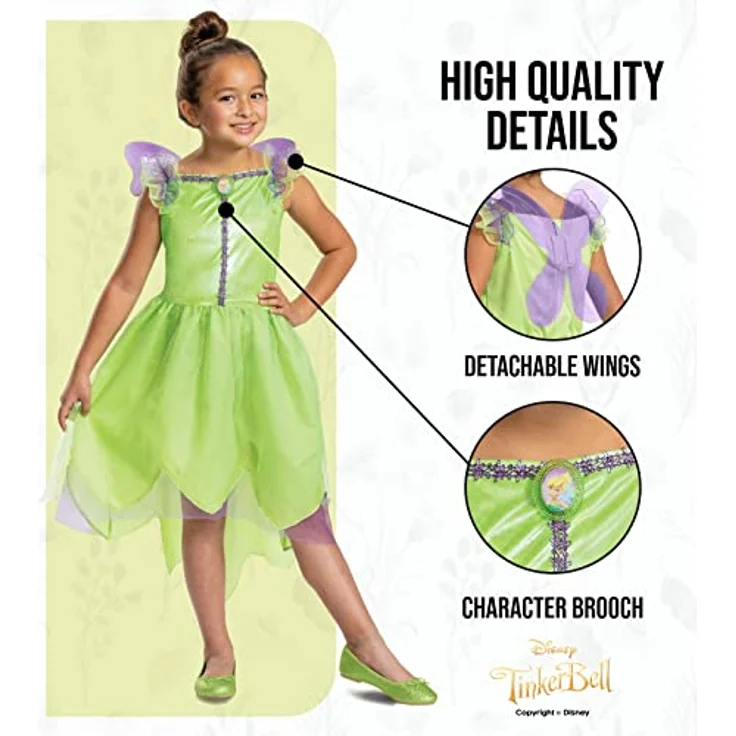 Disney Official Classic Tinkerbell Costume Kids includes Tinkerbell Wings, Tinkerbell Fancy Dress Up Outfit, Green Fairy Costume for Girls, Costumes for Girls XS – Bild 4