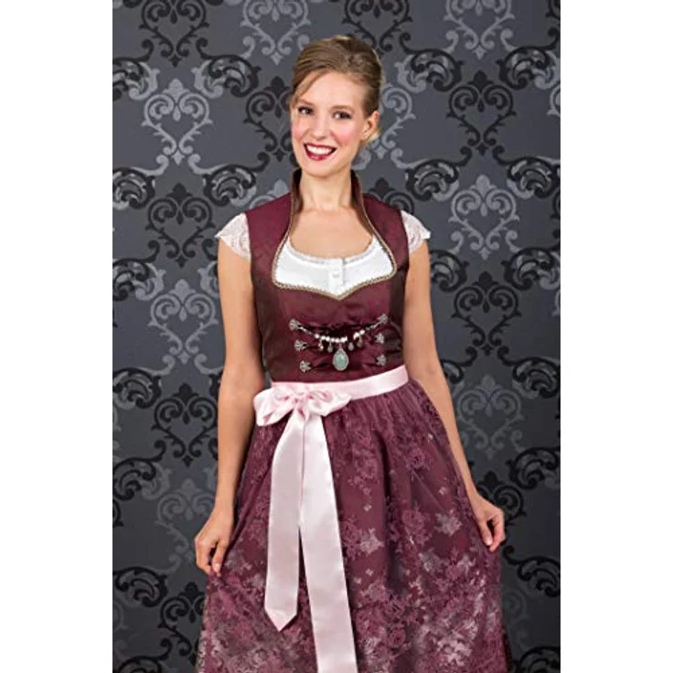 Edelnice Dirndl Stella, Dirndlkleid aus satt dunkelrotem Brokatstoff mit romantischen Streublumen und Schmetterlingen – Bild 7