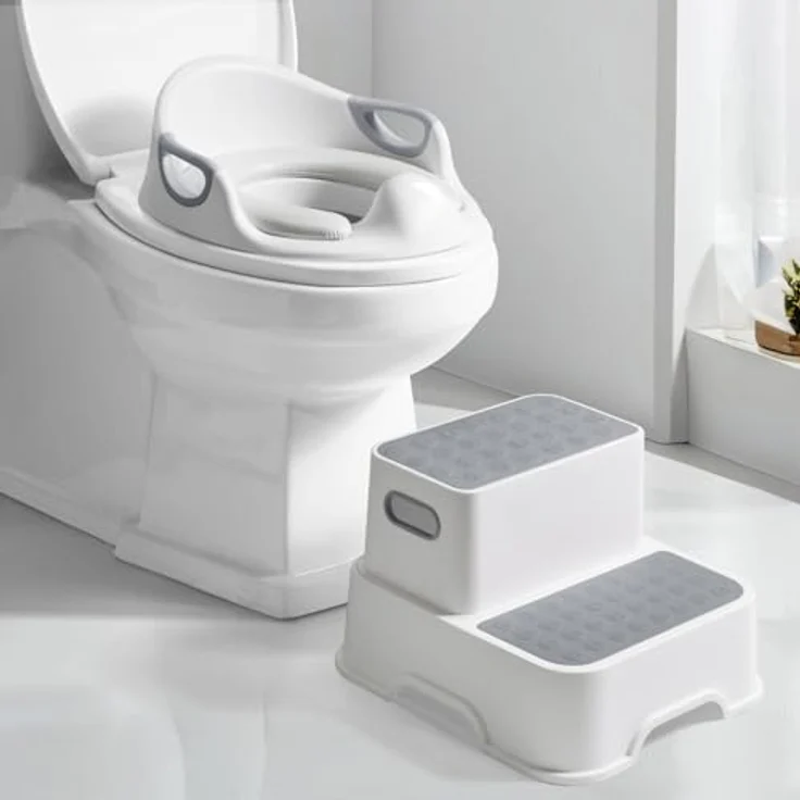 DEANIC Toilettensitz für Kinder mit Tritthocker, weicher Sitzpolster und Spritzschutz, grau, 2 Kissen und 1 Bürste – Bild 1