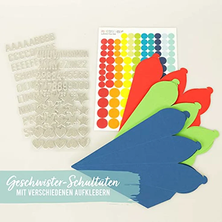 Papierdrachen 3 Geschwistertüten, Schultüten-Set zur Einschulung, kleine Zuckertüten in Blau, Grün & Rot, inkl. dekorativen Moosgummi Aufklebern – Bild 2