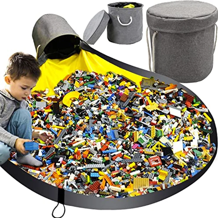 KRUZZEL Spielmatte Aufbewahrungsbox mit Spielzeugkorb, grau/gelb-schwarz, wasserfest, 135 cm Durchmesser, verstärkte Griffe für leichten Transport – Bild 1