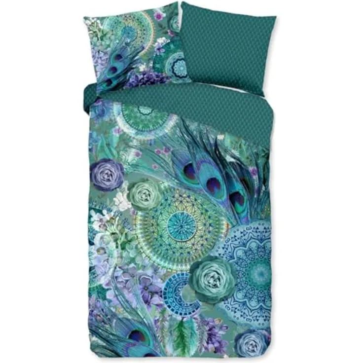 Hip Satin Wende-Bettwäsche Kari natürlich 100% Reine Baumwolle | Bettwäsche Set blau grün mit Pfauenfedern Mandalas | 200 cm x 200 cm Azur-blau, Kinderbettwäschen