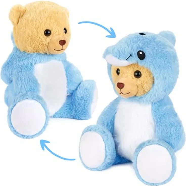BRUBIES Teddy Delfin, 25 cm Teddybär im blauen Delfinkostüm mit abnehmbarer Kapuze, kuscheliges Plüschtier für Kinder, pflegeleicht
