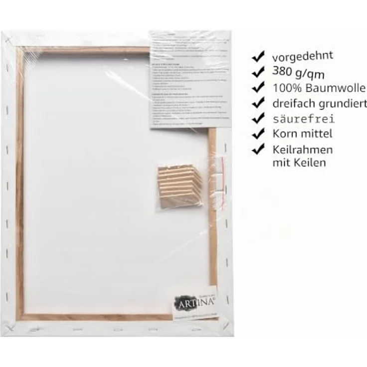 Artina 3D Leinwand 30x30cm, bespannt auf stabilem FSC® Keilrahmen, 3-fach weiß vorgrundiert, 100% Baumwolle, 380 g/m², verzugsfrei, Künstlerbedarf – Bild 3