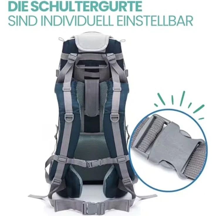 Fillikid Babytrage, Rückentrage für Baby & Kleinkind mit Sonnenschutz, blau, ergonomisch gepolstert, höhenverstellbar, für Wanderausflüge – Bild 5