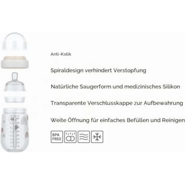Mepal Babyflasche Mio, 165 ml, Anti-Kolik mit spiralförmigem Design, medizinisches Silikon, transparente Kappe zur Aufbewahrung - Sunshine & Rainbow – Bild 3