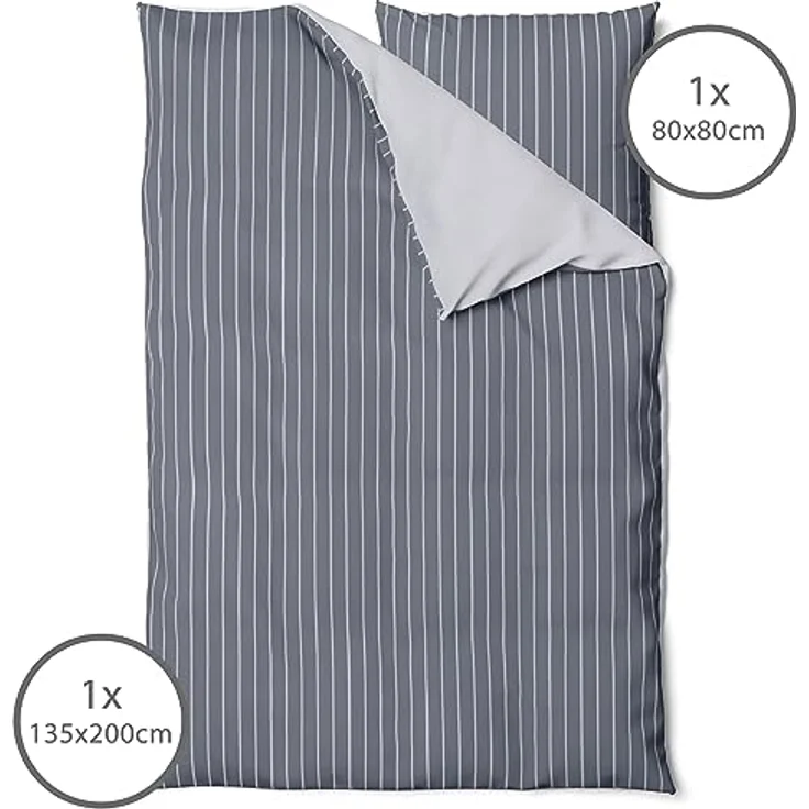 LINKHOFF Biber Bettwäsche 135x200 2tlg. - Wendebettwäsche-Set Grau Anthrazit Unifarben Gestreift - 100% Baumwolle - 1x Bettbezug 135x200 + 1x Kissenbezug 80x80 – Bild 2