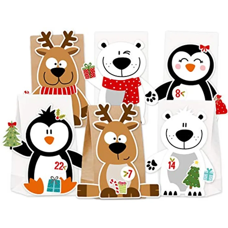 KuschelICH Adventskalender zum Befüllen Eisbär Rentier Pinguin - mit Stickern zum Gestalten und selber Basteln - wiederverwendbar X-Mas-Friends