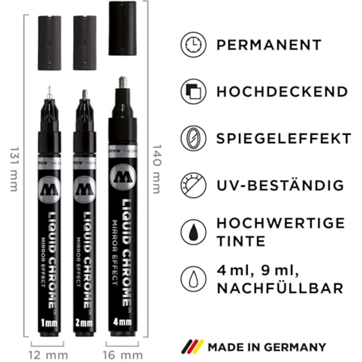 Molotow Liquid Chrome Marker 3er Set (Strichbreiten 1,0 , 2,0 und 4,0mm, Spezialtinte mit echtem Spiegeleffekt für Modellbau, Graffiti & Hobby) chrom – Bild 3