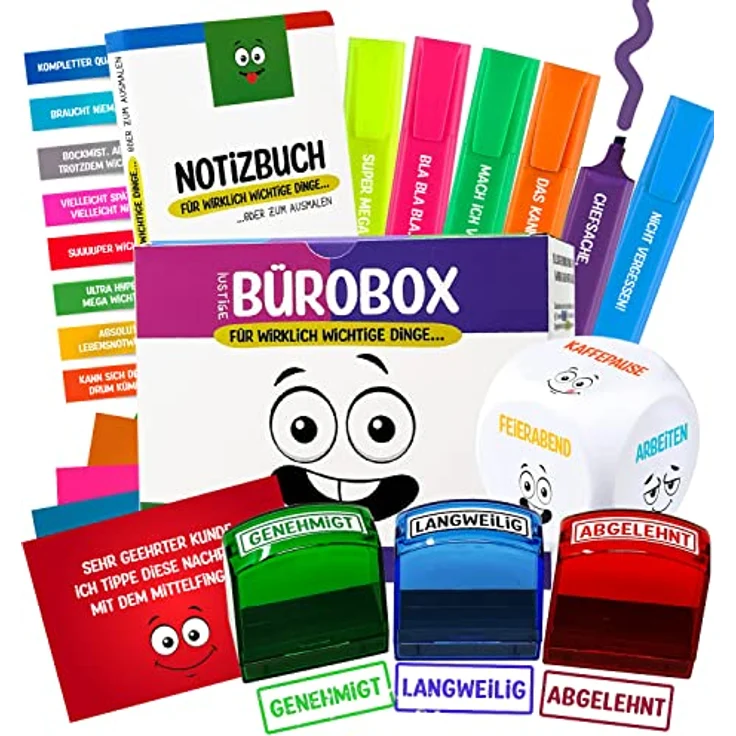 Longfair Lustige Büro Geschenk Box, 24-teiliges Set mit Textmarkern, Anti-Stress Würfel, Notizblock, Stempeln und Postkarten – Bild 1