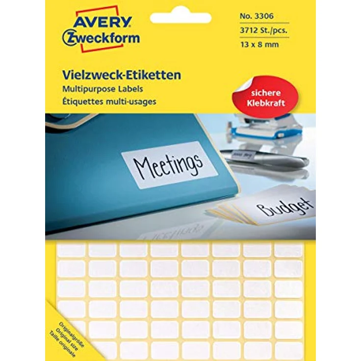 Avery Zweckform 3306 Haushaltsetiketten selbstklebend (13x8mm, 3.712 Aufkleber auf 29 Bogen, Vielzweck-Etiketten für Haushalt, Schule und Büro zum Beschriften und Kennzeichnen) blanko, weiß – Bild 1