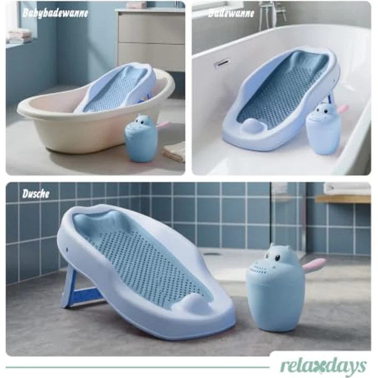 Relaxdays Baby-Badehilfe Set, rutschfeste Badestütze mit tränenfreiem Haarwaschbecher, blau, HBT: 19x51,5x30 cm – Bild 5