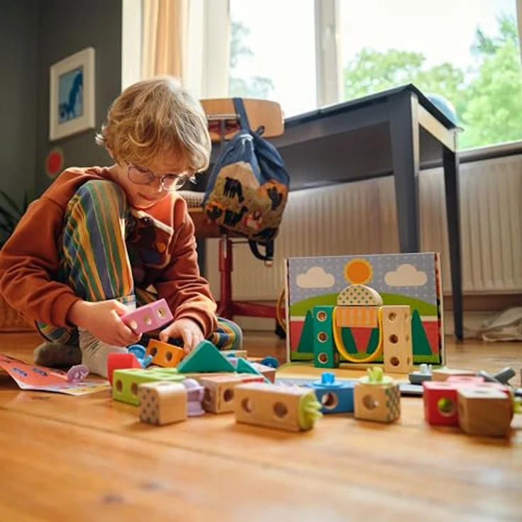 Melissa & Doug Blockables Playset Town, 73-teiliges Set mit stapelbaren Holzbausteinen und Zubehör – Bild 5