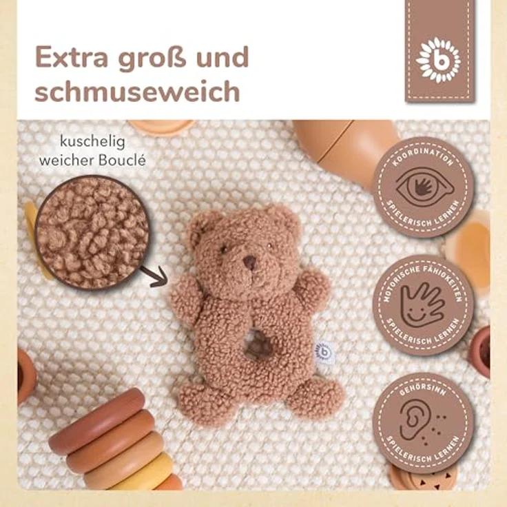 Bieco Kuscheltier Bär Mika mit Rassel, Teddybär aus Bouclé für Babys, niedliches Tierdesign, ab 0 Monate – Bild 4