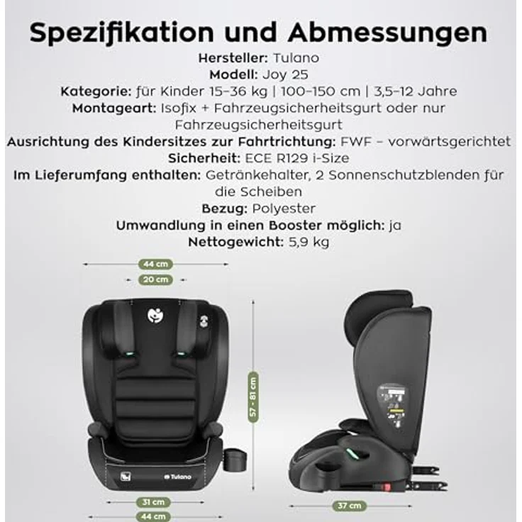 Tulano Joy 25, Kindersitz mit i-Size-Zulassung, verstärkter Kopfstütze, schwarz-grau – Bild 7