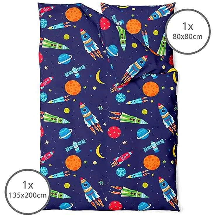 LINKHOFF Bettwäsche Rakete 135x200 für Kinder - Weltall Astronauten Kinderbettwäsche Jungen Weltraum & Planeten Motive - Renforce Baumwolle - Kissen + Bettbezug – Bild 3