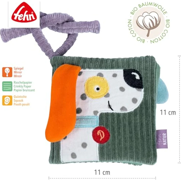 Fehn Greifspielzeug Stoffbuch Hund NATUR, aus Bio-Baumwolle mit Raschelpapier und Spiegel – Bild 2