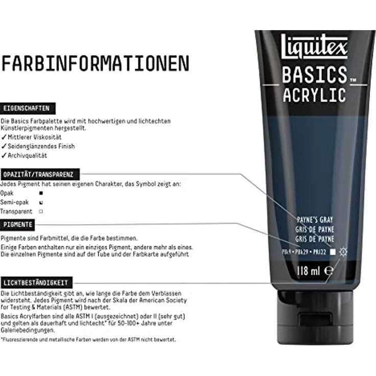 Liquitex Basics Acrylfarbe Payne's Grau, 118ml Tube, lichtecht, mittlere Viskosität, seidenglänzend, monopigmentiert, Archivqualität – Bild 3