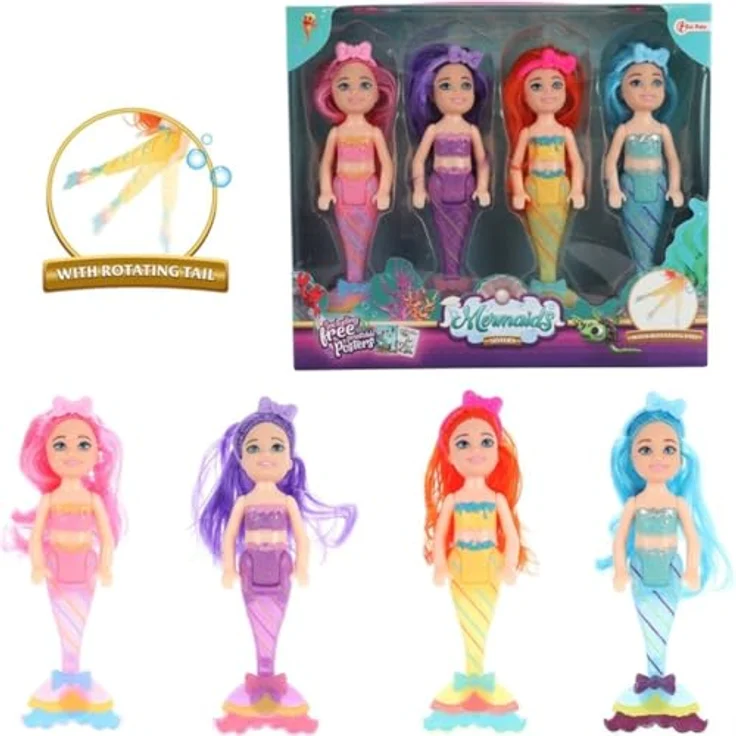 Toi-Toys Mermaids Meerjungfrau Puppe Schwestern, 4 Stück in verschiedenen Farben, 15 cm groß mit biegsamen Schwänzen – Bild 2