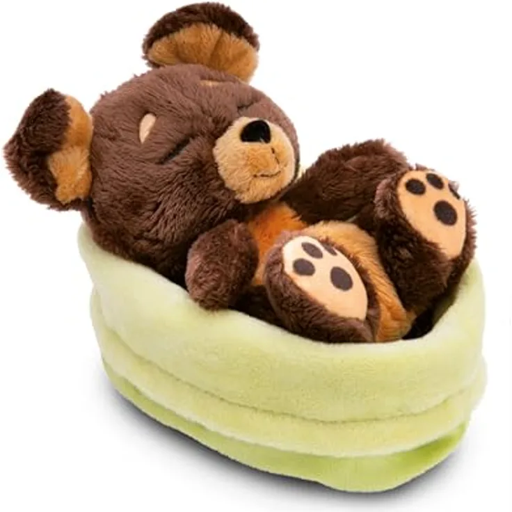 NICI Kuscheltier Hund braun 12cm schlafend im Körbchen, nachhaltig aus recycelten Materialien, ideal als Geschenk