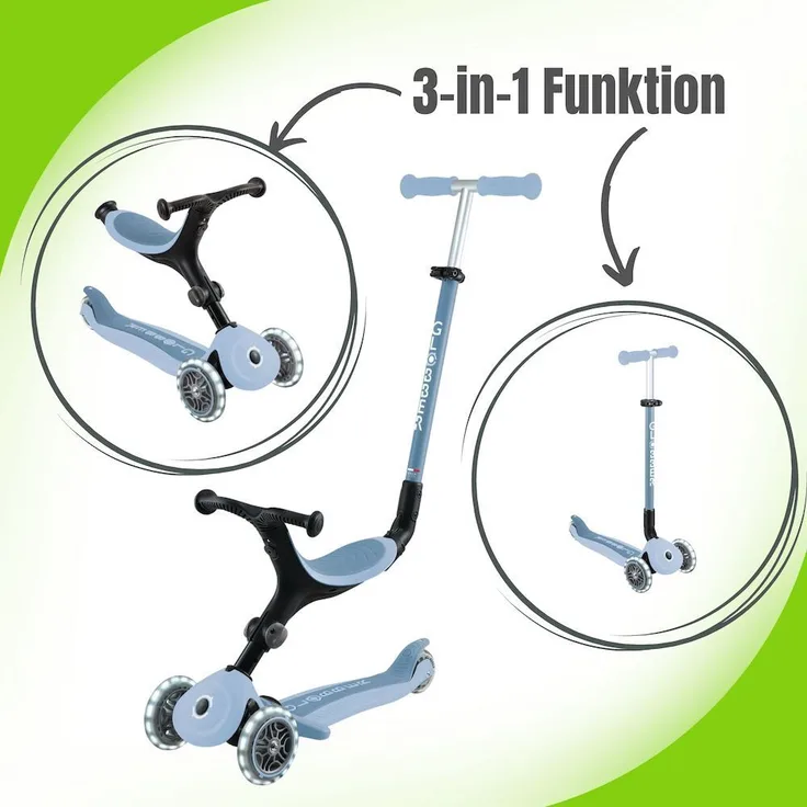 Globber GLOBBER GO-UP Active Lights ECO 3in1, Kinderfahrzeug mit Trolley-Modus, höhenverstellbare Lenkstange, batterielose LED-Vorderräder, recycelte Materialien