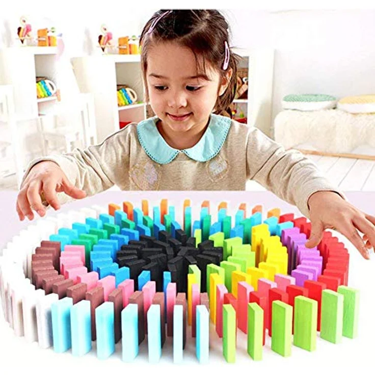 YIQI 120 Stück Holz Domino Block Set, frühpädagogisches Bauspaß Spielzeug aus Kiefernholz, ideal für Kinder ab 3 Jahren – Bild 3