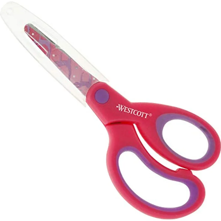 WESTCOTT Sporty Softgrip Kids, Kinderschere für Rechtshänder, rosa, ergonomischer Softgrip, rostfreie Stahlklingen mit Gymnastik-Motiv, 13 cm Länge