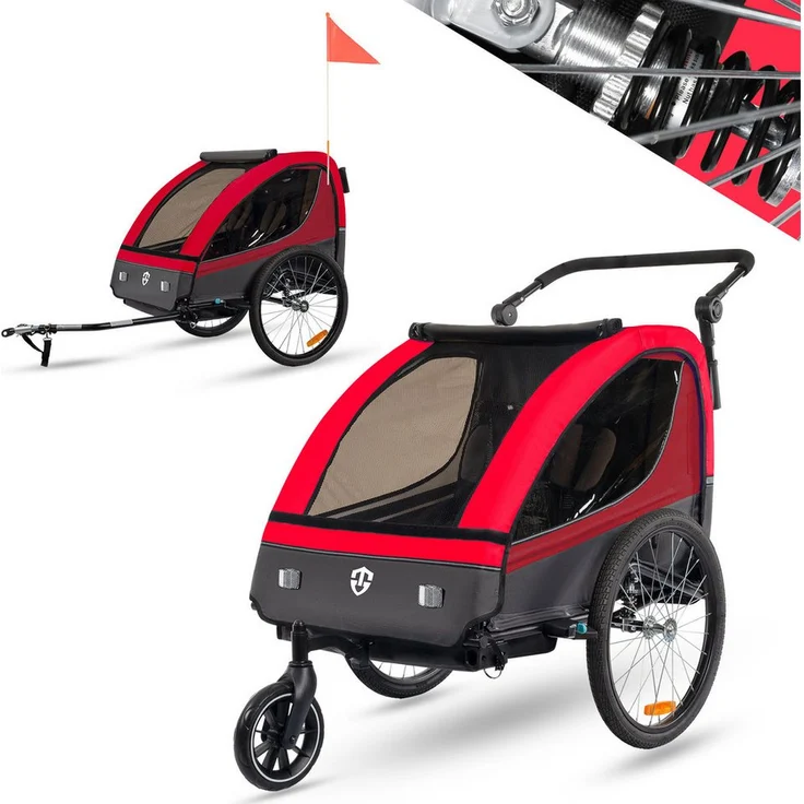 TIGGO Kinderfahrradanhänger mit Buggy Set + Federung, geeignet für 1-2 Kinder, in Rot, Grün, Blau oder Grau