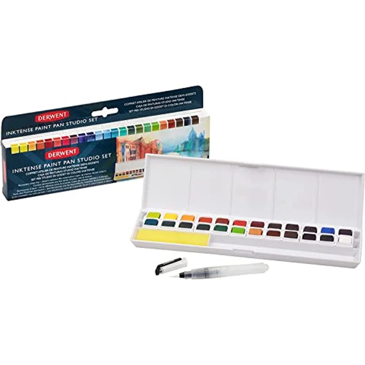 Derwent Inktense 24 Farbtöpfchen, wasserlöslich, professionelle Künstlerfarben in halber Töpfchengröße, perfekt zum Malen auf Papier und Stoff, Reisegröße (2305545), 1 Stück – Bild 3