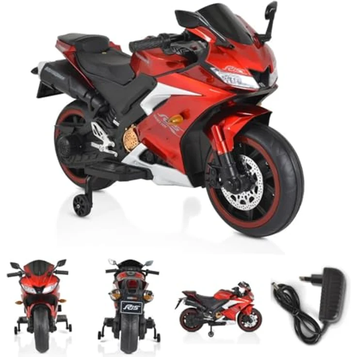 Moni Elektro-Kindermotorrad Motocross, Belastbarkeit 30 kg, MP3-Funktion Bluetooth Stützräder Lichter, in Rot – Bild 2