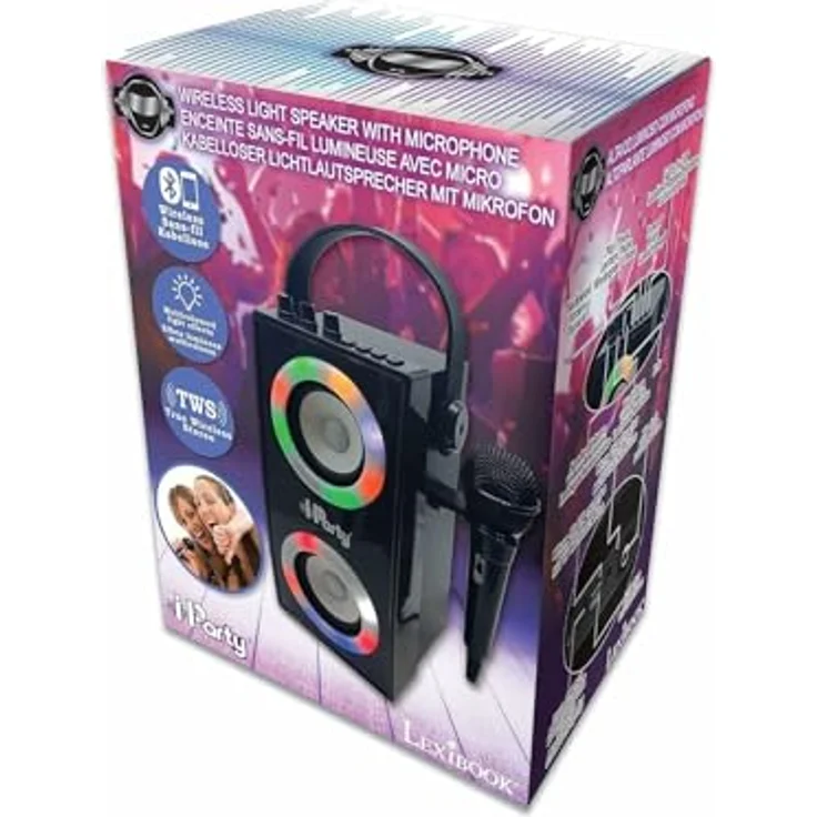Lexibook BTP180BKZ Lautsprecher iParty-Tragbarer Bluetooth-Lichtlautsprecher mit Mikrofon, Stereoanlage, Lichteffekten, Karaoke, Kabelloser, USB, SD-Karte, Akku, Schwars, Schwarz – Bild 4