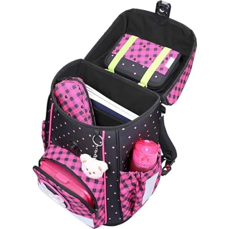 McNeill Schulranzen-Set BRAVO 9tlg. BUDDY, ergonomisch, schwarz-rosa Teddy-Herzen, inkl. gefülltem Etui, Sportbeutel und Trinkflasche – Bild 4
