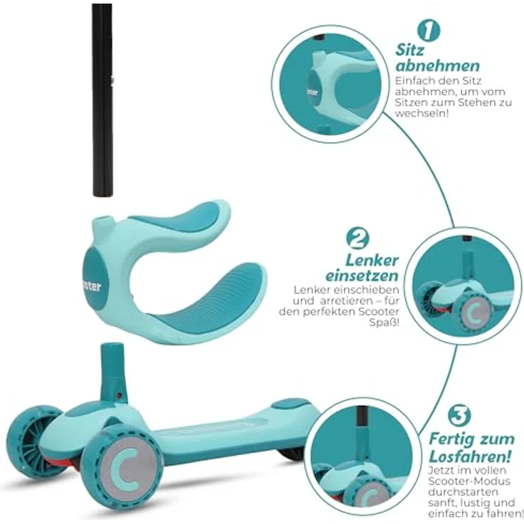 Habib Gruppe Kinderroller 3-in-1 Dreirad mit Sitz, LED-Rädern, höhenverstellbar & faltbar, ideal für Jungen & Mädchen von 2-10 Jahren, grün – Bild 2