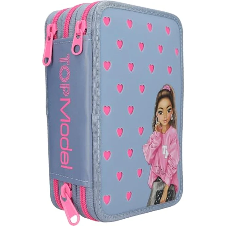 Depesche 13478 TOPModel, Gefüllte 3-Fach Federtasche in Blau und Pink, mit Model Motiv, Silikon Pins, Buntstiften, Schere, Lineal uvm. – Bild 2
