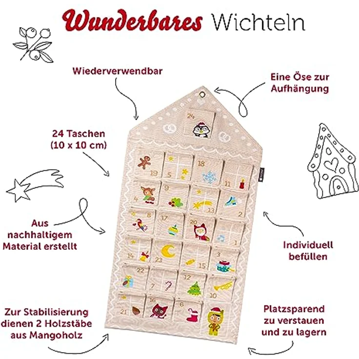 tonies Adventskalender 2023 Lebkuchenhaus – Adventskalender zum Befüllen aus 100% Baumwolle – Kinder Adventskalender Design mit 24 aufgenähten Falttaschen – Bild 3