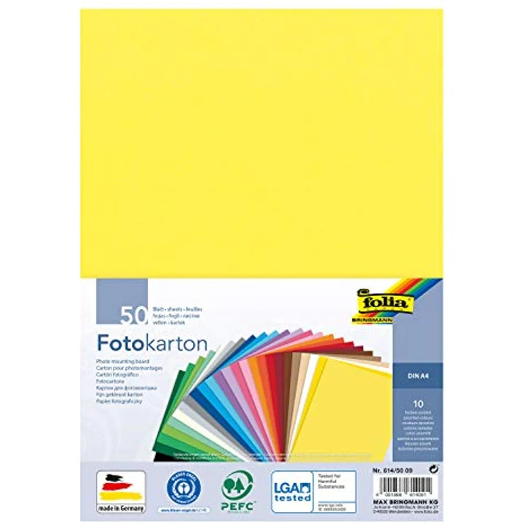 folia 614/50 09 - Fotokarton Mix, DIN A4, 300 g/m², 50 Blatt, sortiert in 10 Farben, zum Basteln und kreativen Gestalten von Karten, Fensterbildern und für Scrapbooking – Bild 2