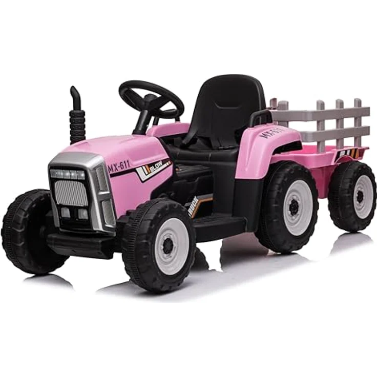 FINOOS Kinder Elektro Traktor 12V mit Schaufel & abnehmbarem Anhänger - Rosa, Kinder-Elektrofahrzeug mit LED-Licht & Musik, 2,4G Fernbedienung, 2-5km/h – Bild 1
