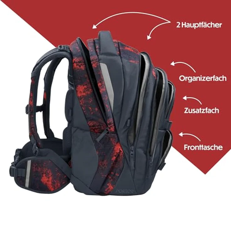 Coocazoo Porter Schulrucksack „Broken Black”, schwarz-rot, ergonomisch, höhenverstellbar, mit Brustgurt & Hüftgurt, ideal für die 3. Klasse – Bild 3