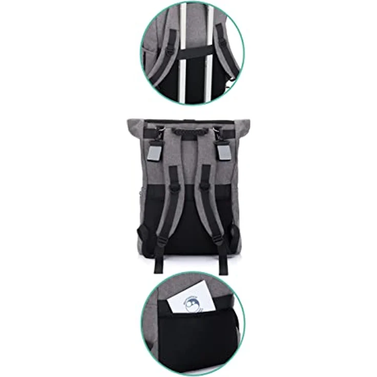 Fillikid Tokio Rolltop-Rucksack, Wickeltasche mit 20L-25L Volumen, Extra Laptopfach und Wickelunterlage, grau – Bild 4